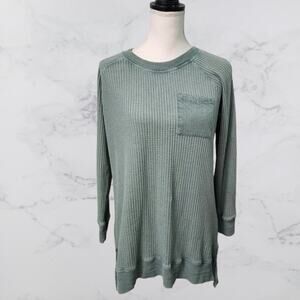 Soft Surroundings Top Women Medium Sage Green Waffle Knit Raglan Sleeve
